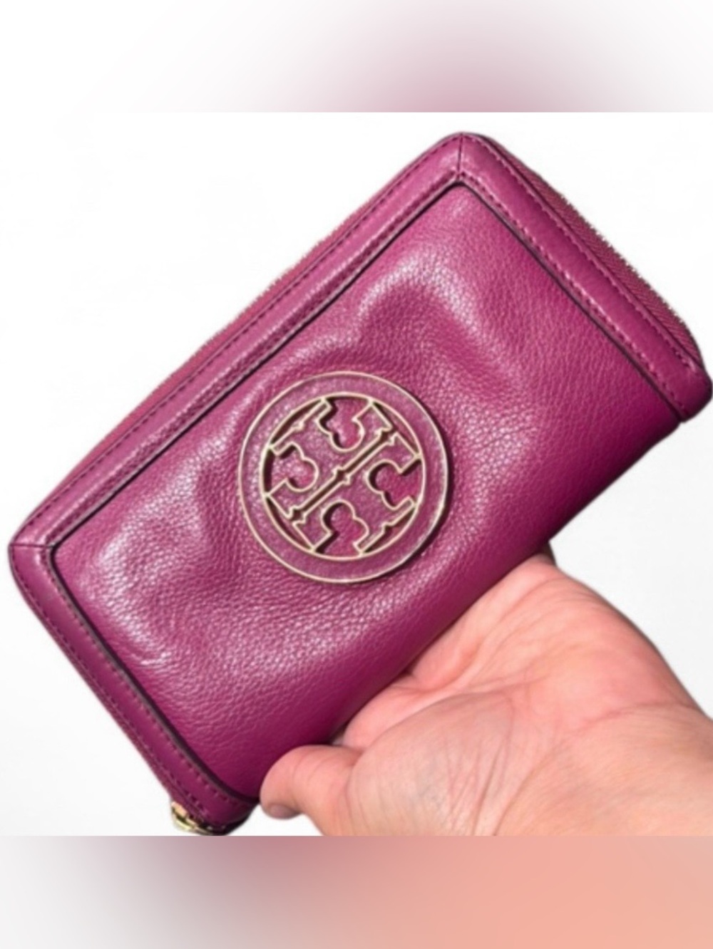 Tory Burch Magenta Leather Zip Wallet with Logo Medallion